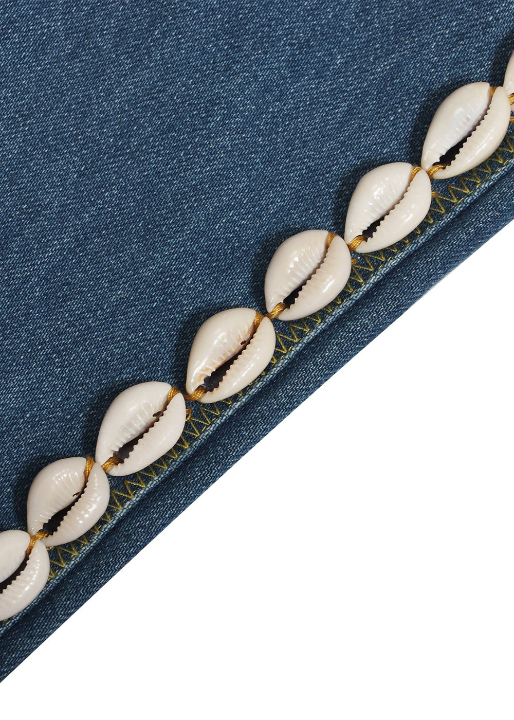Deep Blue Indigo Cowrie Trim Wide-Leg Denim