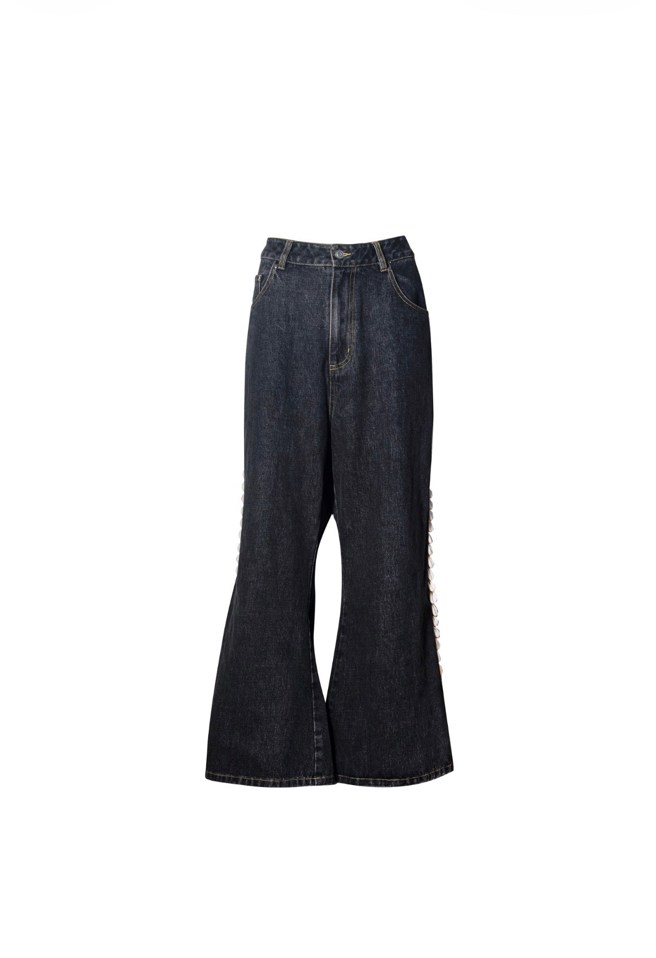 Black stone Wash Cowrie Trim Wide-Leg Denim (Copy)