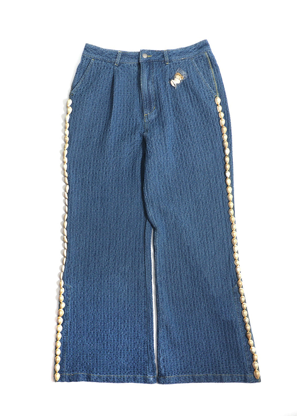 Woven Textured Indigo Cowrie Trim Wide-Leg Pants