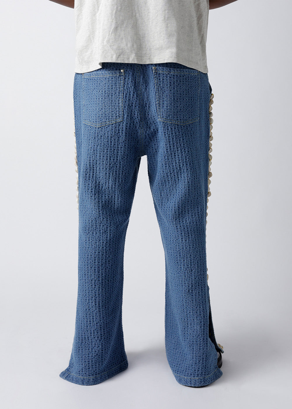 Woven Textured Indigo Cowrie Trim Wide-Leg Pants