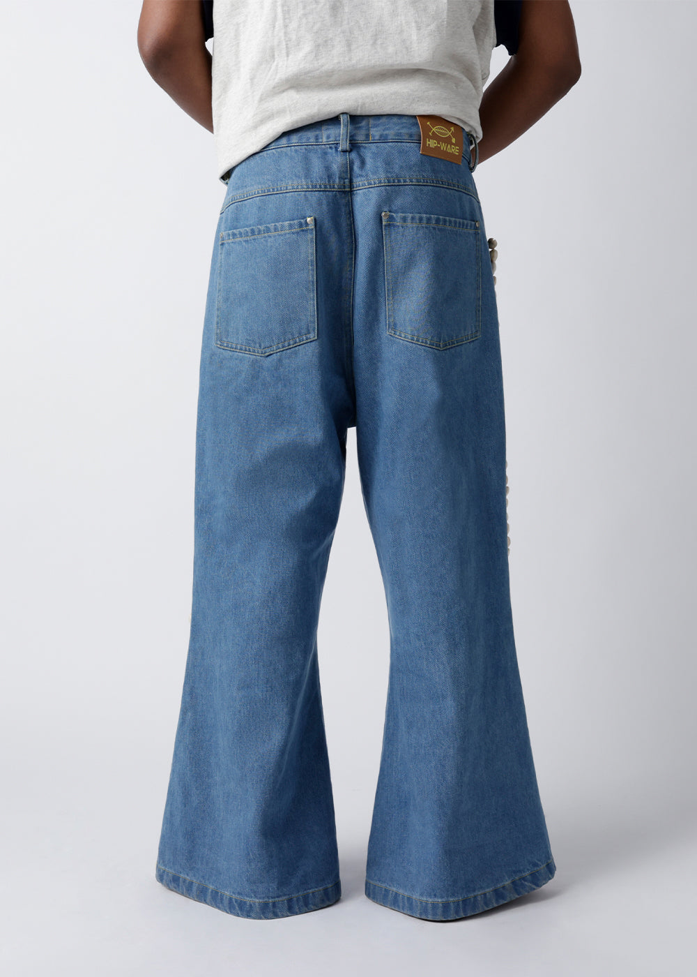 Deep Blue Indigo Cowrie Trim Wide-Leg Denim