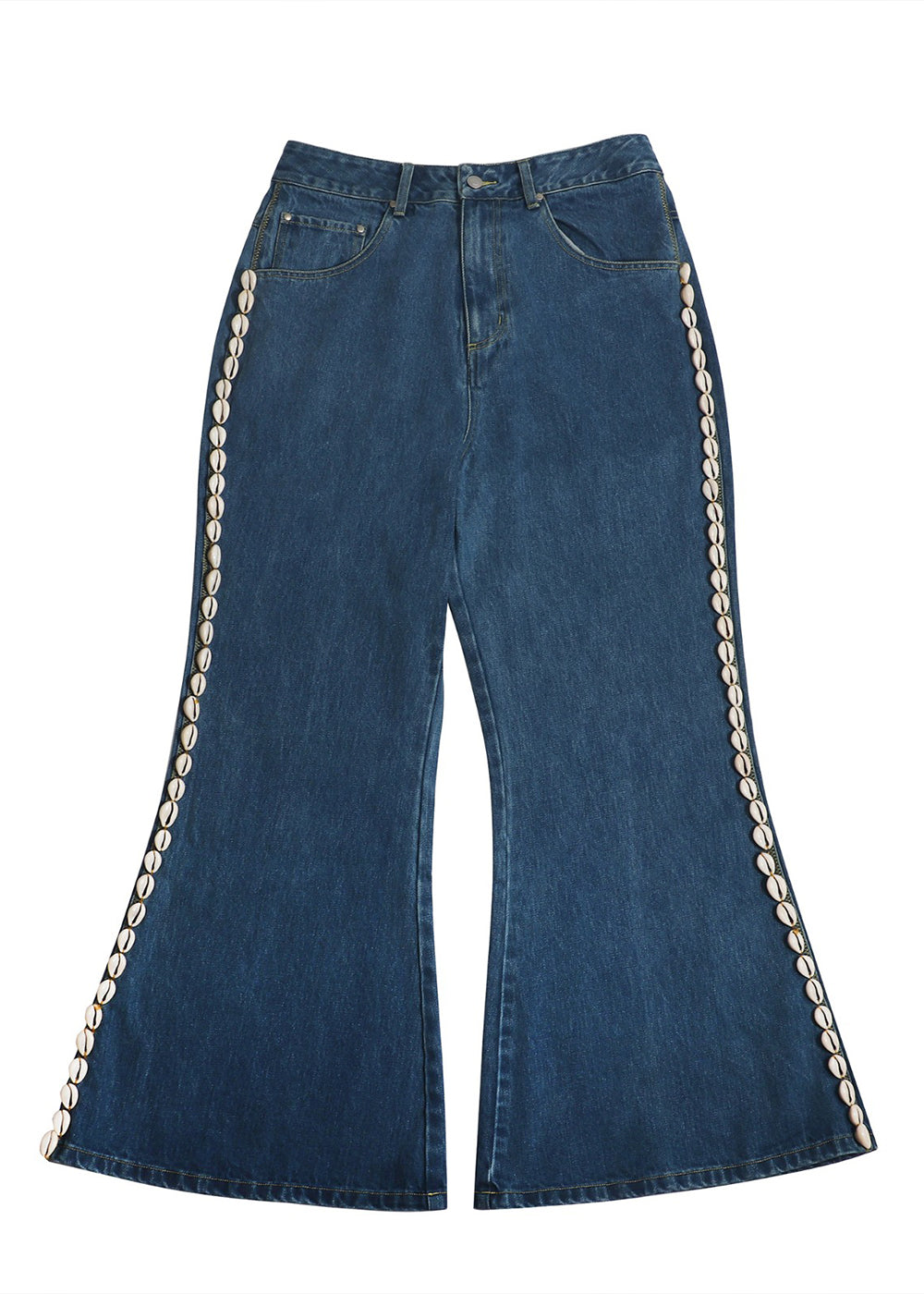 Deep Blue Indigo Cowrie Trim Wide-Leg Denim