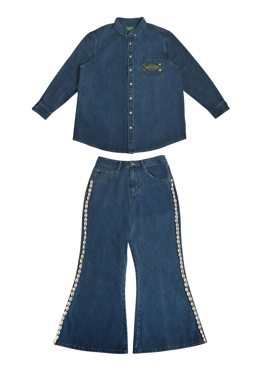 Deep Blue Indigo Cowrie Trim Wide-Leg Denim