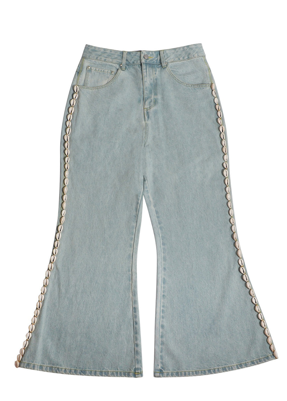 Light Wash Cowrie Trim Wide-Leg Denim