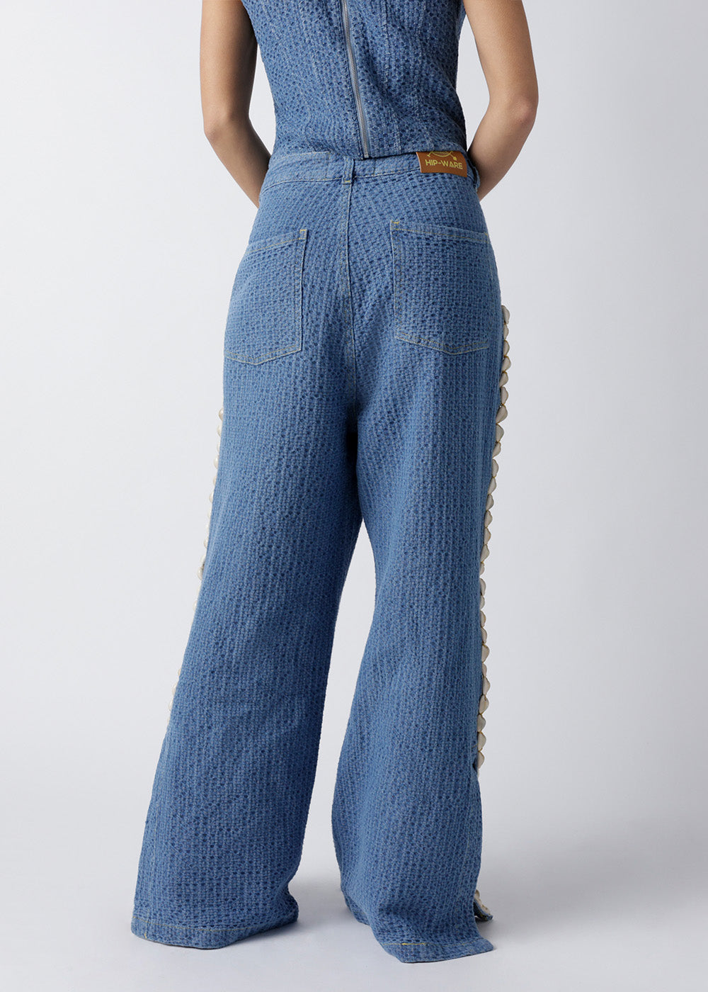 Woven Textured Indigo Cowrie Trim Wide-Leg Pants