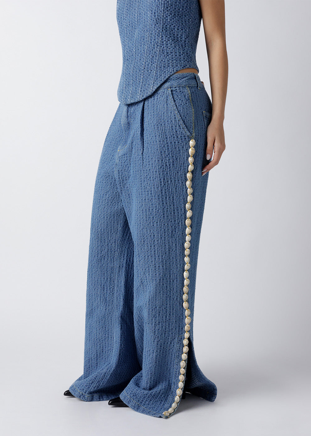 Woven Textured Indigo Cowrie Trim Wide-Leg Pants