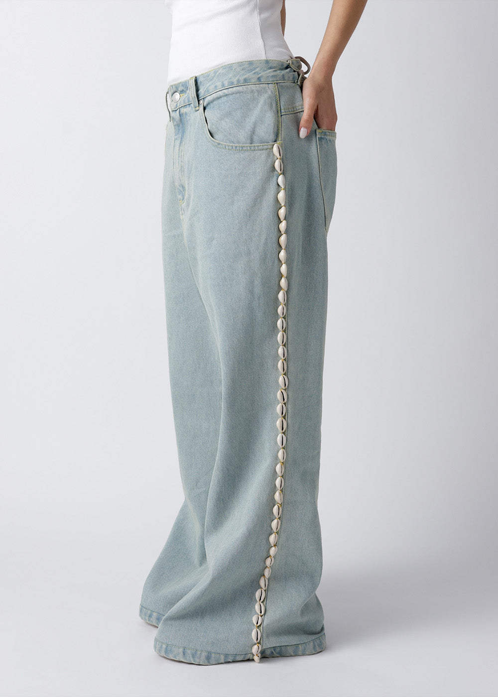 Light Wash Cowrie Trim Wide-Leg Denim