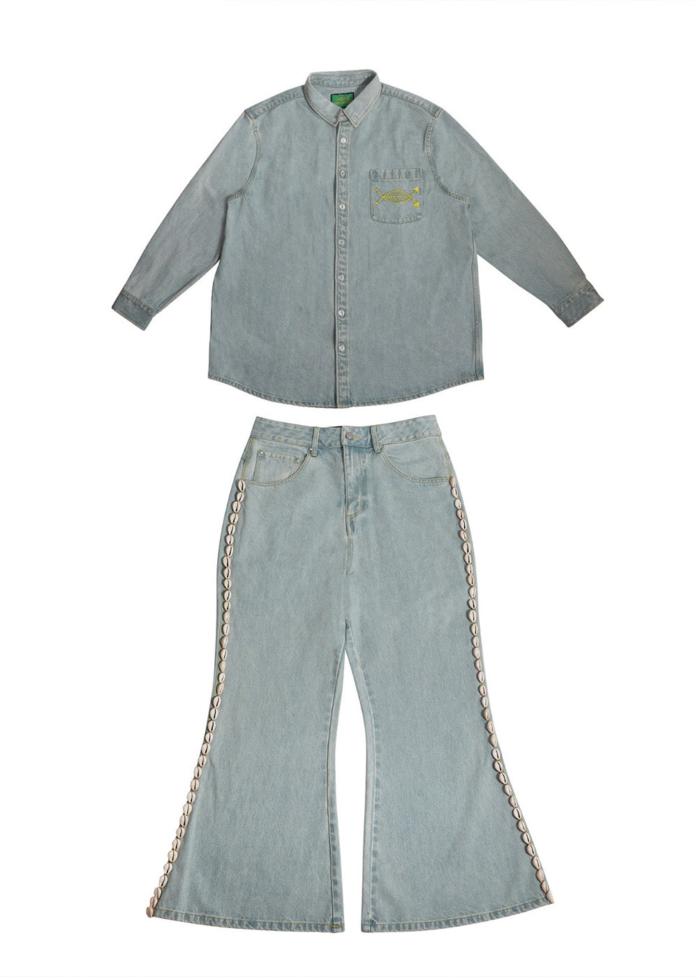 Light Wash Cowrie Trim Wide-Leg Denim